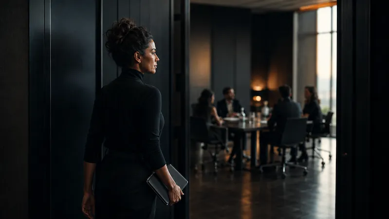 Mulher organizando a pauta de uma reunião estratégica em uma sala moderna