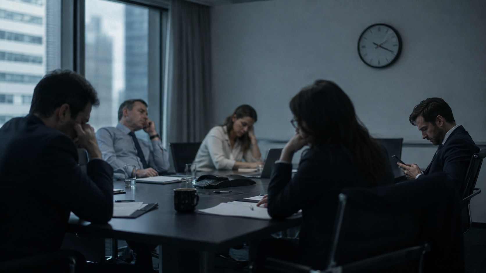 Reunião de trabalho arrastada, com equipe desanimada ao redor da mesa