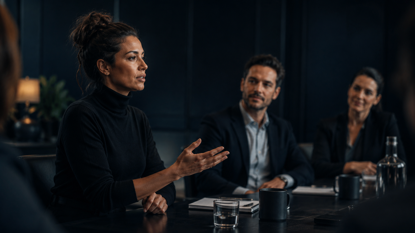Mulher conduzindo uma conversa de reunião com atenção da equipe